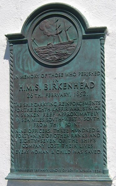 The commemorative plaque located on the side of the Danger Point lighthouse at Gansbaai beach, South Africa.