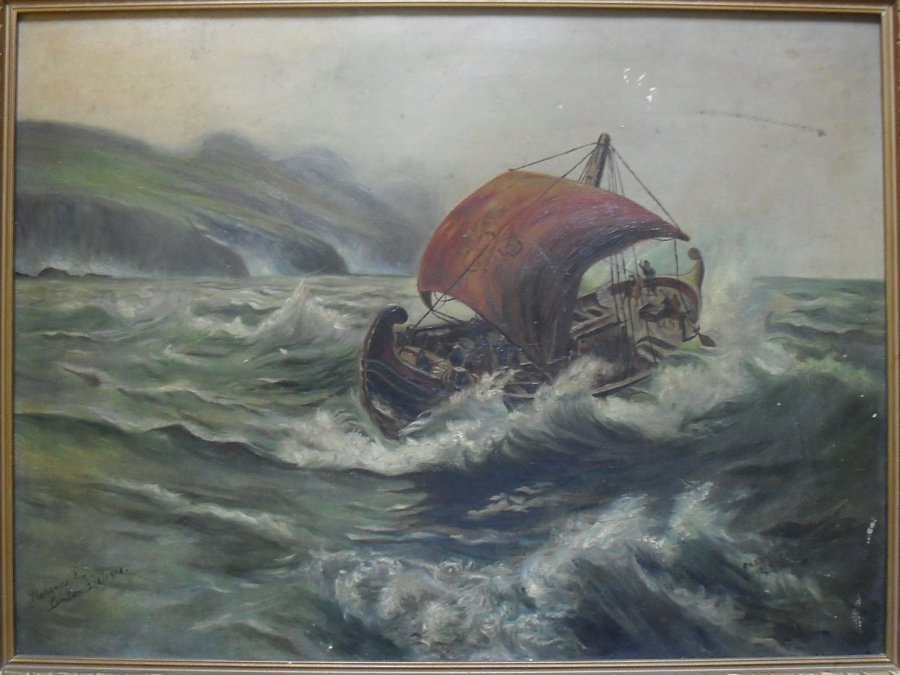 A 1910 oil painting by Florence E. Hinton, a reproduction of 'Phoenicians Visiting Old England' by Thomas M. M. Hemy.