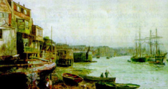 Shadwell Basin, Wapping Wall, on the Thames, an 1884 watercolour 
work by Thomas M. M. Hemy.
