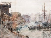 The Wear at Dawn, Deptford, an 1883 watercolour by Thomas M. Hemy