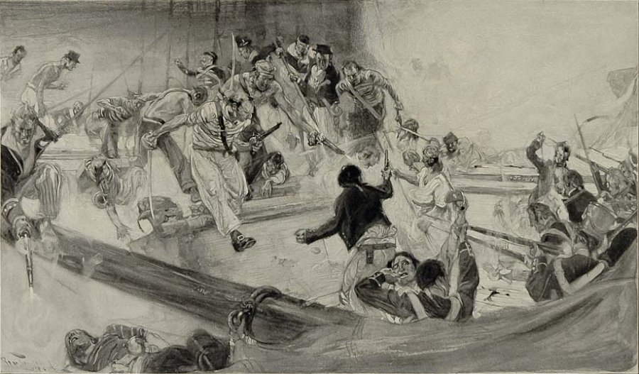 A 1921 print by Henry Reuterdahl entitled 'The Capture of the Chesapeake by the Shannon - The Struggle on the 
Quarterdeck' See text.