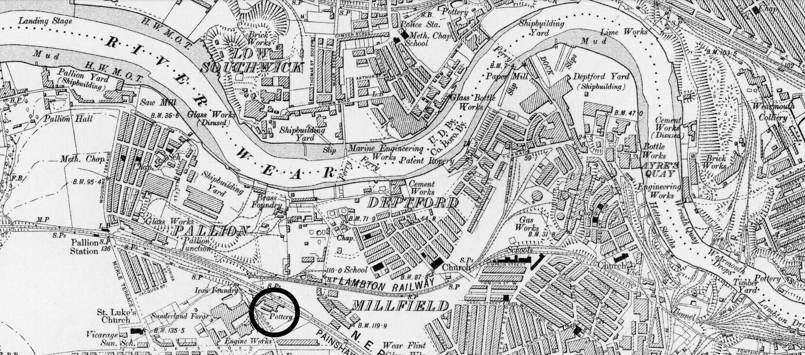 OLD ORDNANCE SURVEY MAP SUNDERLAND PALLION 1895 FORD PAPER WORKS HYLTON LANE 